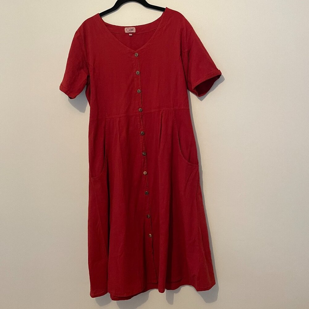 Coline | Red Button Down Short Sleeve Cotton Midi Dress Cottage Core Size Large